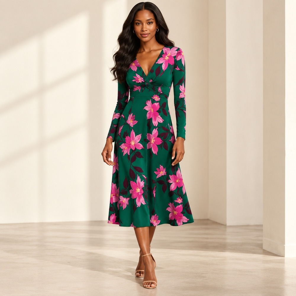Maggy London Twist Front Floral Midi Dress Long Sleeve Green Pink Wedding Guest
